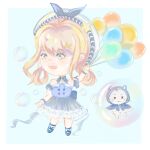  1girl :3 ahoge ankle_socks aqua_eyes back_bow balloon bare_shoulders beret blonde_hair blue_background blue_bow blue_bowtie blue_choker blue_cloak blue_dress blue_shoes blue_sleeves blue_wrist_cuffs border bow bow_choker bowtie brooch brown_eyes bubble bubbly_voyage_(infinity_nikki) buttons chibi chinese_commentary choker cloak collared_dress commentary_request detached_sleeves dot_nose dress ear_covers eyelashes floating footwear_bow frilled_choker frilled_cloak frilled_dress frilled_wrist_cuffs frills hair_between_eyes hair_ornament hair_rings hairclip happy hat hat_bow hat_ornament highres holding holding_balloon hood hood_up hooded_cloak in_bubble infinity_nikki jewelry light_blush looking_ahead mary_janes medium_dress momo_(nikki) navel nikki_(series) official_alternate_costume open_mouth outside_border rabbit_hair_ornament shoes short_hair short_sleeves sidelocks simple_background smile socks star_(symbol) star_choker star_hat_ornament strapless strapless_dress striped_clothes striped_dress teeth upper_teeth_only vertical-striped_clothes vertical-striped_dress whiskers white_border white_hat white_socks wrist_cuffs zhifou42242 