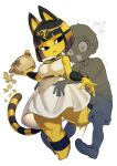  1boy 1girl absurdres animal_crossing animal_ears ankha_(animal_crossing) ball_busting bangs barefoot black_hair blunt_bangs bracer breasts cat_ears cat_tail coin coin_purse colored_skin crotch_kick curvy dress egyptian egyptian_clothes femdom groping half-closed_eyes highres hime_cut holding medium_breasts nintendo rectangular_mouth saliva sanpaku shiny shiny_hair shirt shoes short_sleeves sleeveless sleeveless_dress sneakers space_jin sweat t-shirt tail villager_(animal_crossing) white_dress yellow_skin 