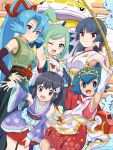  5girls absurdres alternate_color armpits bare_shoulders black_hair blue_eyes blue_hair blunt_bangs blush breasts clair_(new_year's_2024)_(pokemon) clair_(pokemon) commentary_request dawn_(new_year's_2023)_(pokemon) dawn_(pokemon) detached_sleeves dondozo earrings fish fishing_rod green_eyes green_hair green_kimono hair_between_eyes hair_ribbon hakama highres holding holding_fishing_rod japanese_clothes jewelry kimono lana_(new_year's_2026)_(pokemon) lana_(pokemon) lisia_(new_year's_2023)_(pokemon) lisia_(pokemon) long_hair looking_at_viewer magikarp medium_breasts multiple_girls official_alternate_costume one_eye_closed open_mouth pleated_skirt pokemoa pokemon pokemon_(creature) pokemon_masters_ex ponytail red_eyes red_skirt ribbon sabrina_(new_year's_2022)_(pokemon) sabrina_(pokemon) sash shiny_pokemon skirt sleeveless sleeveless_kimono small_breasts smile star_(symbol) white_kimono yukata 