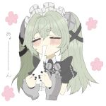  1girl blush closed_eyes commentary_request corin_wickes cuffs eating feesmmsn flower green_hair hair_between_eyes hairband handcuffs highres maid screw simple_background twintails white_background zenless_zone_zero 