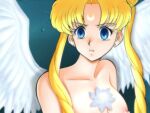  1girl bangs bishoujo_senshi_sailor_moon blonde_hair blue_eyes breasts collarbone crescent derivative_work earrings facial_mark forehead_mark gem glamour_works hair_bun jewelry long_hair maboroshi_no_ginzuishou medium_breasts nipples parted_bangs sailor_moon_redraw_challenge screencap_redraw solo stud_earrings topless tsukino_usagi twintails upper_body 