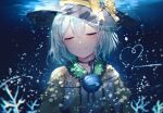  1girl black_ribbon closed_eyes closed_mouth hair_between_eyes hat hat_ribbon komeiji_koishi light_blue_hair long_sleeves neck_ribbon noyu_(noyu23386566) ribbon smile solo sun_hat touhou underwater water yellow_ribbon 