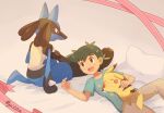  1boy ash_ketchum bangs brown_eyes commentary_request gen_1_pokemon gen_4_pokemon green_hair green_shirt highres looking_to_the_side lucario lying male_focus mei_(maysroom) on_back open_mouth pants pikachu pillow poke_ball_print pokemon pokemon_(anime) pokemon_(creature) pokemon_swsh_(anime) shirt short_hair short_sleeves signature smile t-shirt teeth tongue 