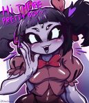 5_eyes 6_arms :3 animal_humanoid anthro arachnid arachnid_humanoid arthropod arthropod_humanoid artist_name black_hair black_sclera blue_tongue blush blush_lines bow_ribbon breasts clothing diddlydooter1 digital_drawing_(artwork) digital_media_(artwork) dress emphasis_lines fangs female fluffy hair hand_on_face heart_symbol hearts_around_head hi_res hime_cut humanoid humanoid_hands monster muffet multi_arm multi_eye multi_limb pigtails purple_body purple_skin purple_text red_bow red_clothing red_dress sharp_teeth signature simple_background slim small_breasts small_waist smug smug_face smug_grin solo spider spider_humanoid teeth text thick_thighs tilde_after_text tongue twintails_(hairstyle) undertale undertale_(series) white_eyes wide_hips