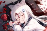  1girl ahoge animal_ear_fluff animal_ears blood blood_on_bed blood_on_clothes blood_on_face blood_on_hands blood_on_mouth blood_on_pillow blush cat_ears cat_girl cat_tail commentary_request corpse dying execution flower furrowed_brow guro hair_ornament hairclip hand_on_own_face highres linjia_kaidi on_bed original parallel_hairclips pill pillow red_flower red_rose rose ryona tail variant_set white_hair white_tail 