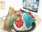  2026 2girls absurdres aqua_feathers aqua_wings arknights blanket blemishine_(arknights) blonde_hair bowl brown_hair commentary elf english_commentary food fruit green_pajamas grey_hair head_wings highres ho'olheyak_(arknights) kotatsu muelsyse_(arknights) multiple_girls nearl_(arknights) orange_(fruit) pajamas pile pointy_ears sleeping snake_girl snake_tail table tail two-tone_feathers two-tone_wings umamusume umapyoi_densetsu uof whislash_(arknights) wings yellow_eyes 