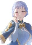  1girl artist_name bangs blue_capelet blue_dress blue_hair blush braid breasts brown_eyes capelet commentary commission crown_braid dress english_commentary epaulettes fire_emblem fire_emblem:_three_houses hand_on_own_face highres long_sleeves looking_at_viewer marianne_von_edmund moja_(moquackja) open_mouth parted_lips ribbon simple_background smile solo white_background white_ribbon 