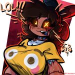 :3 arm_tattoo artist_name big_breasts black_hair black_sclera blood blood_from_eye blood_from_mouth blood_in_mouth blood_on_face blue_eyeshadow blue_tongue blush blush_lines bodily_fluids bow_ribbon breasts brown_body brown_hair brown_skin bulging_smiley_shirt_meme clothing corpse cyn_(murder_drones) diddlydooter1 digital_drawing_(artwork) digital_media_(artwork) disguise eldritch_abomination emoji exclamation_point eyeshadow fangs female freckled_face freckles glitch_productions glowing glowing_eyes gore grey_body hair hi_res huge_breasts human humanoid humor machine makeup mammal meme meme_clothing metallic_body murder_drones open_mouth open_smile patchwork_creature red_text robot robot_humanoid screen screen_face seam_(sewing) segmented_body sharp_teeth shirt signature simple_background skinsuit smile solo stitch_(sewing) surgical_suture tattoo teeth tessa_(murder_drones) text tight_clothing tongue topwear undead white_body worker_drone x_eyes yellow_clothing yellow_eyes yellow_shirt yellow_text yellow_topwear zombie