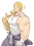  1boy bag baguette bandages bara bare_shoulders blonde_hair bread closed_eyes clothes_around_waist cowboy_shot facial_hair food food_in_mouth goatee gomtang jacob_(tokyo_houkago_summoners) jewelry large_pectorals male_focus mature_male muscular muscular_male necklace sandwich scar scar_on_face scar_on_nose shirt shirt_around_waist shopping_bag short_hair sideburns sidepec solo stubble tank_top thick_thighs thighs tokyo_houkago_summoners veins white_tank_top 