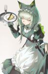  1girl absurdres animal_ear_fluff animal_ears apron arknights arm_belt belt black_dress bow bowing bowtie brown_belt buttons cat_ears cat_girl champagne_flute closed_eyes closed_mouth collared_dress commentary_request cup dress drinking_glass feet_out_of_frame food frilled_apron frilled_dress frills green_apron green_hair grey_background hand_up highres holding holding_tray kal'tsit_(arknights) kal'tsit_(the_remains_of_time)_(arknights) layered_dress long_hair maid maid_apron maid_headdress multicolored_apron official_alternate_costume plate puffy_sleeves puranetto_(vjun4748) sidelocks simple_background skirt_hold solo tray two-tone_apron two-tone_dress white_apron white_belt white_bow white_bowtie white_dress 