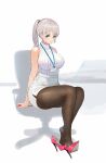  1girl bangs bare_arms bare_shoulders blush bobobong breasts brown_eyes brown_legwear chair clothed_masturbation crossed_ankles dripping fingernails high-waist_skirt high_heels high_ponytail highres holding id_card lanyard large_breasts legs_together looking_at_viewer masturbation mole mole_under_eye office_chair original pantyhose pencil_skirt pink_footwear ponytail pumps removing_shoes ribbed_sweater sex_toy shoe_dangle sidelocks sitting sketch skirt sleeveless_sweater solo sound_effects stiletto_heels sweat sweater turtleneck turtleneck_sweater vibrator vibrator_under_clothes white_hair white_skirt white_sweater 