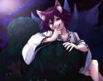  1boy :d alternate_costume animal_ears bangs bare_shoulders building collarbone commentary_request covering_mouth crossed_legs danganronpa_(series) danganronpa_v3:_killing_harmony fox_ears fox_tail hair_between_eyes hand_over_own_mouth index_finger_raised japanese_clothes kimono kitsune kitsunebi_v3kokonn long_sleeves looking_at_viewer open_mouth ouma_kokichi outdoors pale_skin purple_eyes purple_hair short_hair sitting smile solo statue sweatdrop tail upper_teeth wide_sleeves 