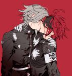  2boys ahoge aotsuki_eito armband belt black_hair black_jacket blood blood_from_forehead blood_on_clothes blood_on_face blood_on_neck blush buttons chinese_commentary closed_eyes commentary_request ear_blush grey_hair hair_between_eyes hand_on_another's_shoulder high_collar highres jacket kiss last_defense_academy_school_uniform long_sleeves male_focus multicolored_hair multiple_boys no_eyewear red_background red_hair school_uniform short_hair simple_background sketch streaked_hair sumino_takumi sweat syuu_1125 the_hundred_line_-last_defense_academy- two-tone_hair white_armband white_belt yaoi 
