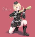  1girl absurdres black_footwear black_gloves black_headwear black_jacket black_neckwear blonde_hair blush boots english_text eyebrows_visible_through_hair girls_frontline gloves hat heart heart_print highres holding holding_weapon holster jacket looking_away martinreaction merry_christmas military military_hat military_jacket military_uniform mp40_(girls_frontline) necktie open_mouth panzerfaust purple_background purple_eyes shirt short_hair sitting smile solo uniform weapon white_shirt 