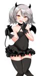  1girl alternate_hair_color black_gloves choker covered_navel demon_girl demon_tail demon_wings dress fang flat_chest frilled_dress frills gloves grey_hair hairband highres horns kantai_collection kirigakure_(kirigakure_tantei_jimusho) knees_together_feet_apart naughty_face orange_eyes ryuujou_(kancolle) short_dress skin_fang smile solo tail thighhighs twintails wings zettai_ryouiki 