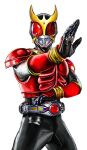  1boy 4ze_meteor absurdres armor black_bodysuit black_helmet bodysuit commentary cowboy_shot helmet henshin_pose highres horns kamen_rider kamen_rider_kuuga kamen_rider_kuuga_(series) male_focus red_armor red_eyes rider_belt solo symbol-only_commentary tokusatsu 