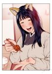  1girl animal_ears bangs black_hair blunt_bangs blurry blurry_background blush bowl breasts dress feeding food fox_ears fox_girl fox_tail fried_chicken highres incoming_food indoors japanese_clothes jorori kimono long_hair long_sleeves looking_at_viewer mole mole_under_eye mole_under_mouth nail_polish open_mouth original pink_nails pov purple_kimono rice rice_bowl room smile solo straight_hair table tail white_dress 