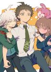  1girl 2boys absurdres ahoge arm_hug breast_pocket breasts brown_hair collared_shirt commentary_request danganronpa_(series) danganronpa_2:_goodbye_despair expressionless flipped_hair green_jacket green_necktie grey_hair hair_between_eyes hair_ornament highres hinata_hajime hood jacket komaeda_nagito long_sleeves looking_at_viewer medium_hair messy_hair monomi_(danganronpa) multiple_boys nanami_chiaki neck_ribbon necktie open_clothes open_jacket open_mouth pants pink_eyes pink_ribbon pleated_skirt pocket ribbon shirt skirt smile thighhighs white_shirt youko-shima 