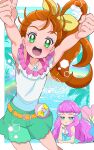  2girls :d arms_up bare_shoulders blue_eyes blue_sky blush bow brown_hair chibi cowboy_shot day green_eyes green_shorts hair_bow hair_strand head_rest highres jewelry juugoya_neko laura_(precure) long_hair looking_at_viewer lying mermaid monster_girl multiple_girls natsumi_manatsu necklace ocean on_stomach open_mouth outdoors palm_tree pearl_necklace pink_hair precure rainbow shorts side_ponytail sky sleeveless smile tree tropical-rouge!_precure yellow_bow 