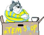  anthro cardboard_box cat_ear clothed clothing coffee_mug eyebrows general_proton hair hands_together humanoid humor lol_comments meme morshu overweight pattern_clothing solo striped_clothing stripes sweater tem_shop temmie_(undertale) thick_eyebrows topwear undertale video_games 