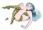  1girl animal_print aqua_hair bikini boots breasts commentary_request cone_horns full_body highres horns knee_boots long_hair lum muda_rengou_to_ziggy_stardust pointy_ears print_bikini print_boots sidelocks signature solo swimsuit tiger_print urusei_yatsura 