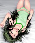  1girl bed_sheet blunt_bangs bow bow_panties breasts collar commentary_request covered_nipples dress green_collar green_eyes green_hair green_panties green_tank_top highres hiyajou_maho jacket long_hair looking_at_viewer lower_teeth_only lying messy_hair on_back open_mouth panties red_bow science_adventure small_breasts solo steins;gate steins;gate_0 tank_top teeth tongue underwear very_long_hair yantaka 