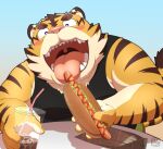  2021 anthro blush clothing eating felid food hot_dog humanoid_hands kemono male mammal overweight overweight_anthro overweight_male pantherine penta002 shirt solo teeth tiger tongue tongue_out topwear 