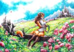 anthro bounty canid canine civilization elkir female field flower fox hi_res mammal old painting_(artwork) plant rock sculpture statue traditional_media_(artwork) watercolor_(artwork) 