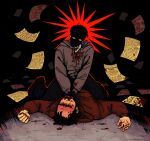  2boys black_eyes black_hair blood blood_from_mouth blood_on_clothes blood_stain bloodshot_eyes boy_on_top clothes_grab commentary cry_of_fear dual_persona english_commentary english_text grabbing_another's_shirt grey_hoodie highres hood hood_down hoodie looking_at_another lying multiple_boys on_back on_ground paper shaded_face short_hair simon_henriksson simon_henriksson_(book) strangling ttwicoff 