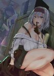  2girls belt_pouch black_gloves breast_rest breasts brown_gloves call_of_cthulhu cleavage crate finger_to_mouth flat_chest fog gloves green_eyes grey_hair hiding highres hololive hololive_english huge_breasts kurowa leather leather_gloves legs long_hair looking_at_viewer multiple_girls ninomae_ina&#039;nis off-shoulder_sweater off_shoulder open_mouth pouch ribbed_sweater searching ship shirogane_noel shushing squatting strap_slip sweat sweater thighs virtual_youtuber watercraft white_sweater 