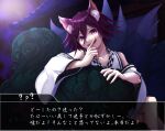 1boy :d alternate_costume animal_ears bangs bare_shoulders building collarbone commentary_request covering_mouth crossed_legs danganronpa_(series) danganronpa_v3:_killing_harmony fox_ears fox_tail hair_between_eyes hand_over_own_mouth index_finger_raised japanese_clothes kimono kitsune kitsunebi_v3kokonn long_sleeves looking_at_viewer open_mouth ouma_kokichi outdoors pale_skin purple_eyes purple_hair short_hair sitting smile solo sweatdrop tail translation_request upper_teeth wide_sleeves 
