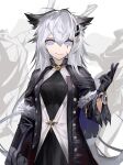  1girl absurdres animal_ears arknights bangs black_gloves black_jacket closed_mouth eyebrows_visible_through_hair gloves grey_hair highres jacket lappland_(arknights) lappland_(refined_horrormare)_(arknights) long_hair looking_at_viewer official_alternate_costume purple_eyes rivet_vvrn scar scar_across_eye simple_background smile solo standing watch 