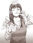  1girl angel_wings cigarette cigarette_pack commentary_request gradient_background haibane_renmei halo highres holding holding_cigarette holding_cigarette_pack long_hair long_sleeves monochrome naotan one_eye_closed reki_(haibane_renmei) smile solo sweater turtleneck turtleneck_sweater vest wings 