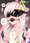  1girl airani_iofifteen airani_iofifteen_(1st_costume) artist_logo ball_gag ball_gag_progress_bar_(meme) blindfold blue_overalls blush collarbone english_commentary english_text gag gagged gradient_hair green_ribbon hair_bun hair_ribbon hololive hololive_indonesia landacdeus logo long_hair meme multicolored_hair multicolored_ribbon overalls paid_reward_available paint_splatter paint_splatter_on_face palette_hair_ornament pink_hair pink_ribbon polka_dot polka_dot_ribbon purple_eyes ribbon saliva speech_bubble striped_ribbon symbol_in_eye upper_body virtual_youtuber 