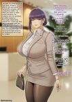  1girl absurdres bag black_eyes black_pantyhose blunt_bangs blurry blurry_background bracelet breasts ceo_and_bodyguard collared_shirt cowboy_shot dress_shirt earrings english_text engrish_text hair_behind_ear hair_up handbag highres indoors jacket jewelry large_breasts mature_female miniskirt mixed-language_commentary nail_polish necklace office_lady pantyhose parted_lips purple_hair purple_nails ranguage ring roborobocap sera_(ceo_and_bodyguard) shirt single_sidelock skirt solo white_shirt 