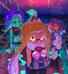  4girls agent_3_(splatoon) agent_3_(splatoon_3) agent_4_(splatoon) agent_8_(splatoon) black_sclera blue_hair captain_3_(splatoon) colored_sclera colored_skin commentary corruption english_commentary green_eyes green_hair green_skin headphones highres inkling long_hair long_sleeves multiple_girls octoling orange_hair outdoors ovolo123 pointy_ears rainbow_sclera red_eyes smallfry_(splatoon) smile splatoon_(series) splatoon_3 sunset tentacle_hair yellow_eyes 