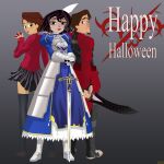  absurdres archer_(fate) archer_(fate)_(cosplay) armor armored_boots armored_dress artoria_pendragon_(fate) black_skirt black_thighhighs blue_dress blush boots breastplate brown_hair cassandra_(tangled) commentary cosplay dress english_commentary excalibur_(fate/stay_night) fate/stay_night fate_(series) flynn_rider from_behind gem gradient_background happy_halloween highres holding holding_gem holding_sword holding_weapon jewelry juliet_sleeves lipstick long_dress long_sleeves looking_at_viewer looking_back makeup mehefin013 miniskirt nose_blush puffy_sleeves rapunzel_(disney) red_lips red_sweater saber_(fate) saber_(fate)_(cosplay) short_hair short_sword skirt sweater sword thighhighs tohsaka_rin tohsaka_rin_(cosplay) variant_set weapon 