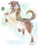  2014 4_toes artist_logo ball bent_legs bird_dog blue_ear_tips blue_eyes blue_markings brown_body brown_claws brown_eyebrows brown_fur brown_markings brown_nose brown_tail brown_tongue canid canine canis claws colored dew_(rackofribs) digital_media_(artwork) digital_painting_(artwork) dipstick_ears domestic_dog ear_markings english_description eyebrows feet female female_(lore) female_feral feral floppy_ears fur gaelfox golden_retriever green_background hi_res hunting_dog hybrid light lighting logo mammal markings multicolored_body multicolored_ears multicolored_fur multicolored_tail open_mouth open_smile painting_(artwork) paws retriever shaded sharp_teeth shiba_inu simple_background smile solo spitz tail tan_body tan_fur tan_tail teeth tennis_ball toe_claws toes tongue wolf 