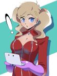  ! 1girl :o absurdres ahoge blonde_hair blue_eyes bodysuit breasts cleavage gjh gloves hair_ornament hairclip handheld_game_console highres holding holding_handheld_game_console large_breasts looking_at_viewer persona persona_5 purple_gloves red_bodysuit solo takamaki_anne twintails upper_body 