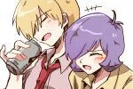  +++ 2boys :d ^_^ alternate_costume blonde_hair blush brown_shirt can char_aznable closed_eyes collared_shirt commentary garma_zabi gundam gundam_gquuuuuux hair_over_one_eye highres holding holding_can male_focus matmatmat77 multiple_boys necktie open_mouth purple_hair red_necktie shirt short_hair simple_background smile u_u upper_body white_background wing_collar yellow_shirt 