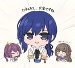  3girls assault_lily black_necktie black_ribbon blank_eyes blue_hair blue_sailor_collar blue_shirt blunt_bangs brown_background brown_hair chibi closed_mouth collared_shirt commentary_request cropped_torso cup detached_sleeves elbow_gloves emphasis_lines gloves grey_eyes hair_ribbon hands_up hayami_katsura high_side_ponytail holding holding_cup kawanabe_nazuna kozue_west long_hair looking_at_another looking_at_viewer low_side_ponytail motion_lines multiple_girls neckerchief necktie odaiba_girls_high_school_uniform parted_lips purple_hair purple_neckerchief red_ribbon ribbon sailor_collar school_uniform serafuku shirt short_necktie side_ponytail simple_background sleeveless sleeveless_shirt sweatdrop teacup translated two-tone_shirt umi_(s5r1umi_1399) upper_body white_gloves white_shirt yellow_ribbon 