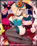  1girl absurdres ass black_panties blonde_hair bouquet breasts character_doll cleavage corset elbow_gloves fishnet_legwear fishnets flower gloves hair_ornament highres looking_at_viewer luma_(mario) lying mario_(series) on_side panties parted_lips rosalina sarukaiwolf side-tie_panties smile solo stuffed_animal stuffed_bunny stuffed_toy super_mario_galaxy thighhighs underwear valentine 