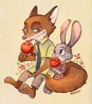  2016 anthro bottomwear brown_body brown_fur canid canine clothed clothing disney duo food fox fully_clothed fur green_eyes grey_body grey_fur judy_hopps kadeart lagomorph leporid mammal necktie nick_wilde pants pawpsicle popsicle purple_eyes rabbit red_fox shirt simple_background sitting smile tongue tongue_out topwear zootopia 