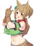  1girl alternate_breast_size_(larger) animal_ears armband bandana bandeau bare_shoulders bikini bikini_under_clothes breasts brown_eyes brown_gloves brown_hair brown_hat cleavage commentary_request cosplay cowboy_hat cropped_torso detached_sleeves finger_gun fringe_trim gloves green_armband groin hair_ornament hands_up hat hat_on_back highres horse_ears huge_breasts idolmaster idolmaster_cinderella_girls kemonomimi_mode midriff mimura_kanako navel ootsubo_yuka own_hands_together ponytail revision short_hair short_sleeves sidelocks simple_background solo star_(symbol) star_hair_ornament stomach strapless swimsuit taiki_shuttle_(umamusume) taiki_shuttle_(umamusume)_(cosplay) taiki_shuttle_(wild_frontier)_(umamusume) tube_top uccow umamusume upper_body voice_actor_connection white_background 