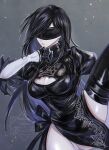  1girl 2b_(nier:automata) 2b_(nier:automata)_(cosplay) black_dress black_gloves black_hair blindfold breasts cleavage cleavage_cutout closed_mouth clothing_cutout commentary_request company_connection cosplay cowboy_shot dress earrings fighting_stance final_fantasy final_fantasy_vii final_fantasy_vii:_ever_crisis glint gloves helen_(helen2210hk) highres jewelry juliet_sleeves large_breasts leg_up leotard leotard_under_clothes long_hair long_sleeves nier:automata nier_(series) official_alternate_costume puffy_sleeves solo tifa_lockhart tifa_lockhart_(battler_ensemble) white_leotard 