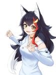  1girl :d animal_collar animal_ear_fluff animal_ears bangs black_collar black_hair clothing_cutout collar collarbone fang from_side hair_between_eyes hair_ornament hairclip highres hololive jiu_fanglianhua long_hair long_sleeves looking_at_viewer multicolored_hair ookami_mio open_mouth paw_pose paw_print red_hair shirt shoulder_cutout simple_background skin_fang smile solo streaked_hair upper_body virtual_youtuber white_background white_hair white_shirt wolf_ears wolf_girl yellow_eyes 