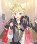  1boy aqua_eyes bag bangs bass_clef black_collar blonde_hair cardigan carrying_bag collar commentary door earmuffs eyebrows_visible_through_hair grey_cardigan hair_between_eyes headphones kagamine_len looking_at_viewer male_focus naoko_(naonocoto) necktie open_mouth sailor_collar school_uniform shopping_bag solo spiked_hair sweat sweatdrop vocaloid 