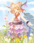  02charaice20 1girl absurdres alternate_hair_length alternate_hairstyle blue_flower blue_sky blush bow brown_horns bug butterfly chain cloud commentary cuffs day english_commentary fang flower flower_request gourd hair_bow highres hollyhock horn_flower horns ibuki_suika one_eye_closed oni open_mouth orange_eyes orange_hair pink_flower pixel_art purple_skirt red_flower shackles shirt short_hair skin_fang skirt sky sleeveless sleeveless_shirt smile solo touhou white_flower white_shirt wrist_cuffs yellow_flower 
