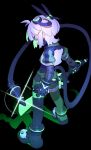 1girl absurdres black_background cable cheri_zao commentary cropped_jacket derivative_work from_behind full_body green_eyes grey_hair highres holding holding_sword holding_weapon jacket looking_at_viewer looking_back mega_man_(series) mega_man_zero_(series) mega_man_zero_3 midoriko_(cheri_zao) omega_(mega_man) original robot_girl short_hair simple_background solo standing sword symbol-only_commentary weapon white_jacket 