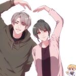  1girl 2boys age_matters arm_behind_back artist_self-insert blonde_hair brown_eyes brown_hoodie cardigan chibi daniel_yoon dylan_chen english_commentary enjelicious green_hair grey_eyes grey_hair grey_vest hair_bun heart_arms heart_arms_duo hood hoodie long_hair multiple_boys pale_skin pink_cardigan pink_lips rose_choi short_hair smile thick_eyebrows v-shaped_eyebrows vest 